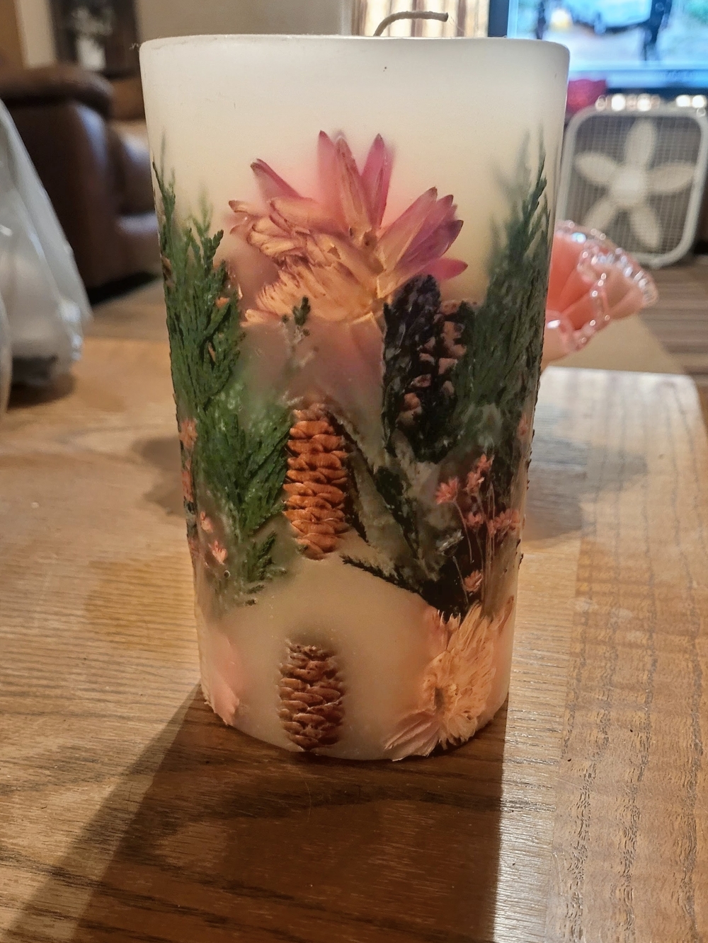 Decorative Floral Pinecone Accent Candle - Pink & Green